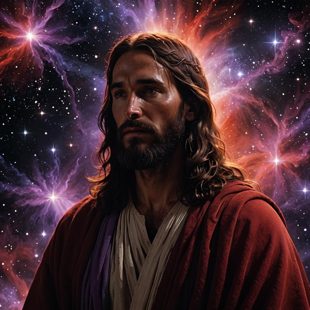 Jesus Christ Merges with Cosmos in Surreal Style