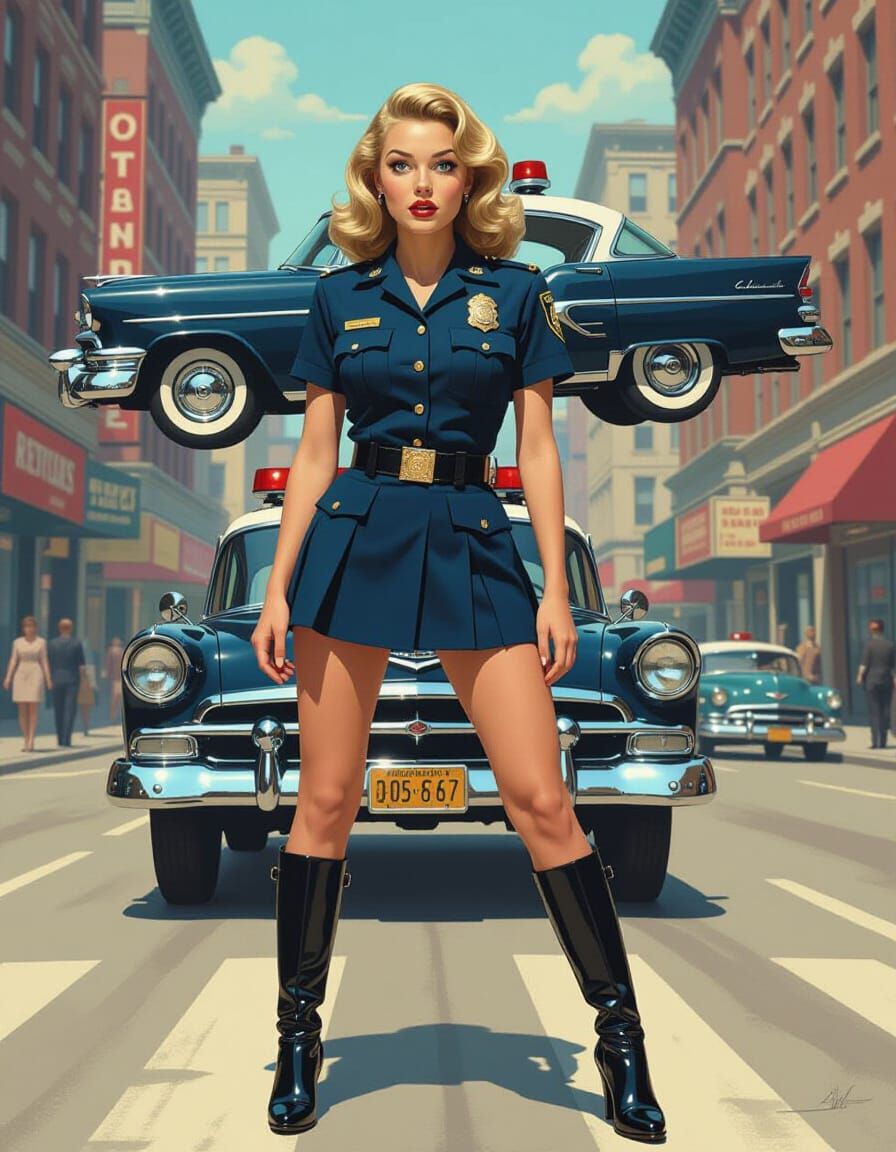 Surreal 1950s Policewoman Hovering Car Film Noir Poster