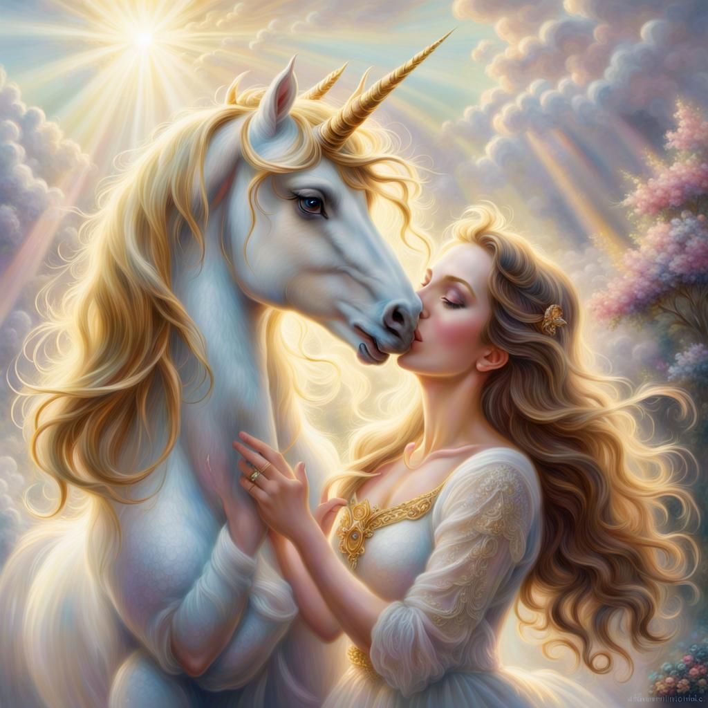 Woman and Unicorn Kiss in Ethereal Fantasy