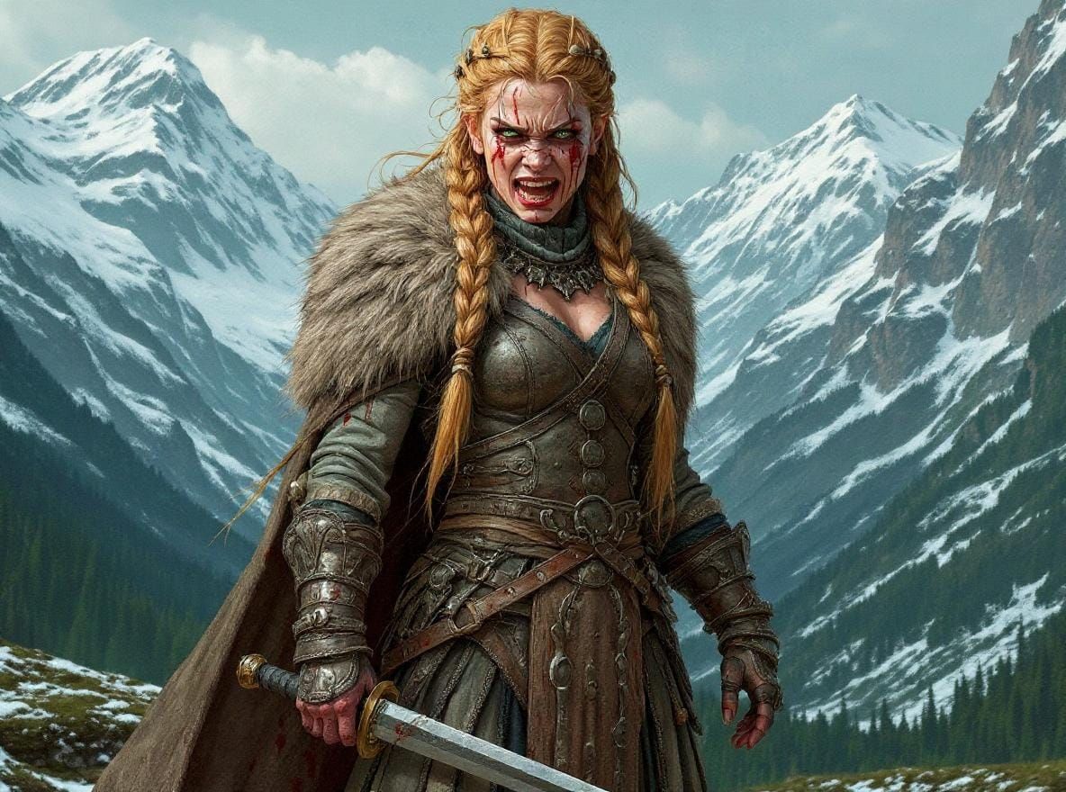 Furious Highland Woman with Dagger in Comic Style