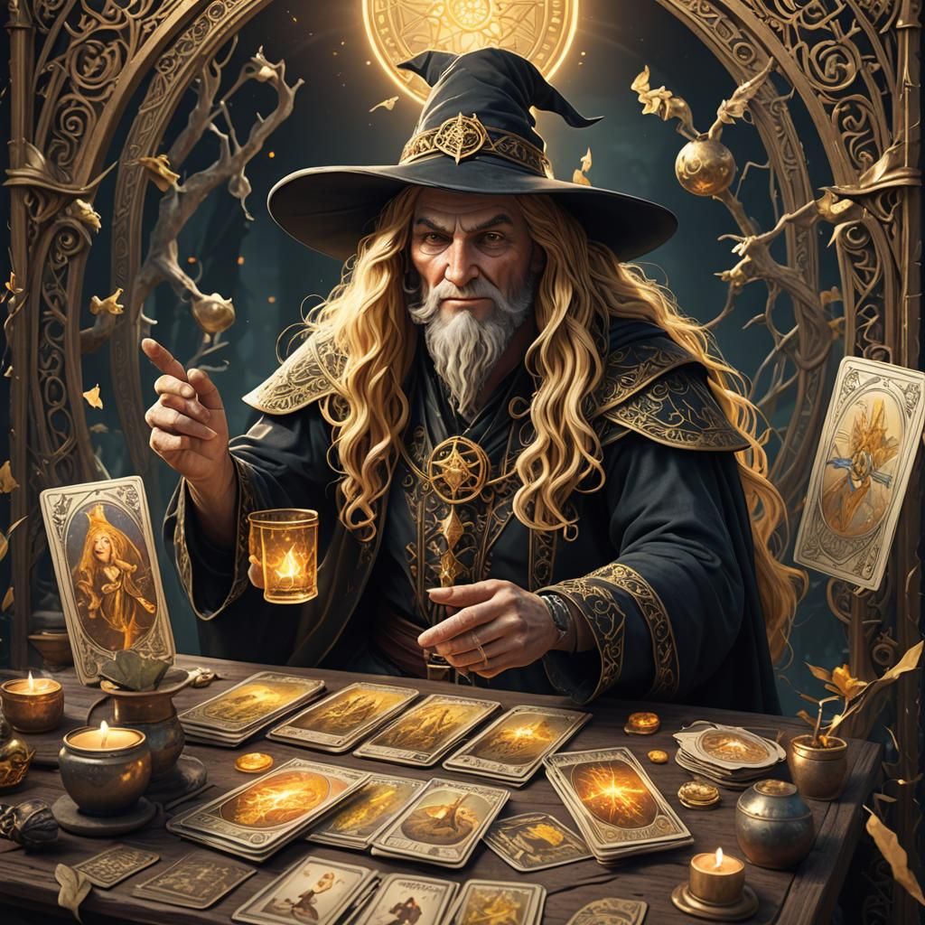 Cheerful Mythical Witch Reads Tarot Cards