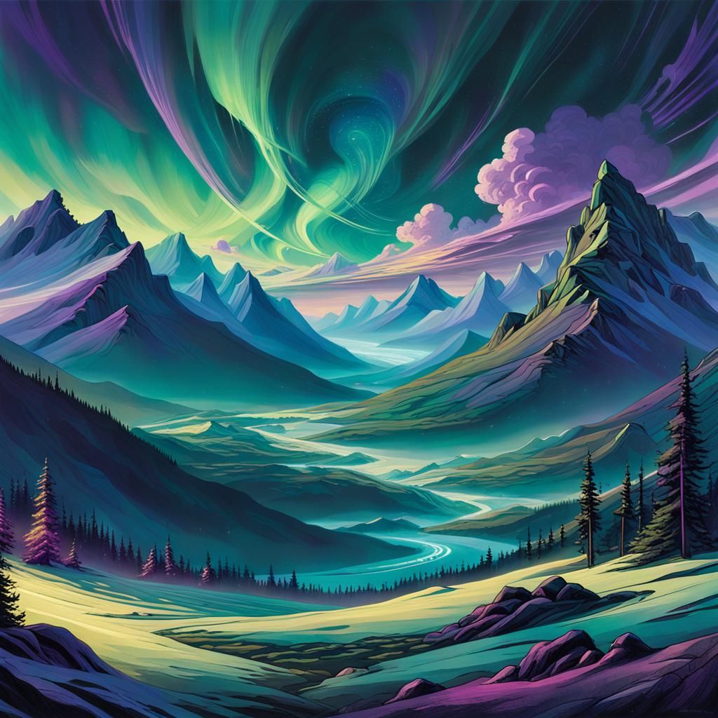 Northern Lights Dance Over Smoky Mountains: Fantasy Art
