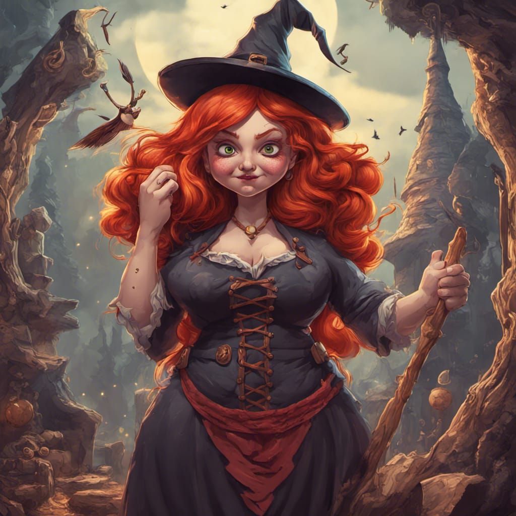 Cartoon Red-Headed Witch with Intricate Details
