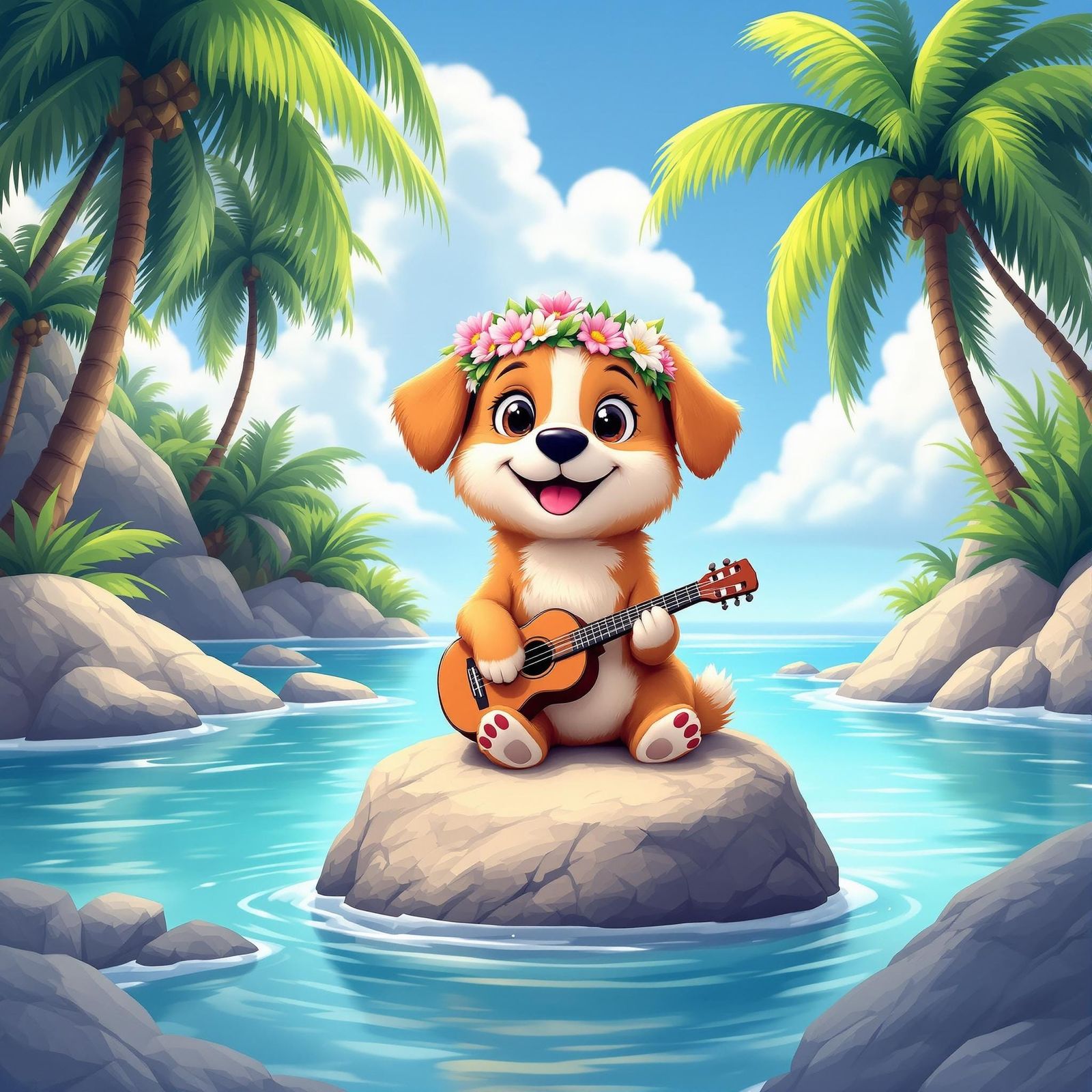Cartoon Dog Plays Guitar on Tropical Island