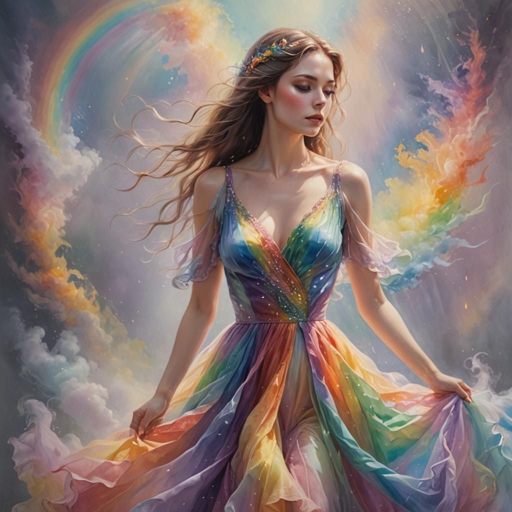 Ethereal Beauty: Woman in Rainbow Dress, Oil Painting