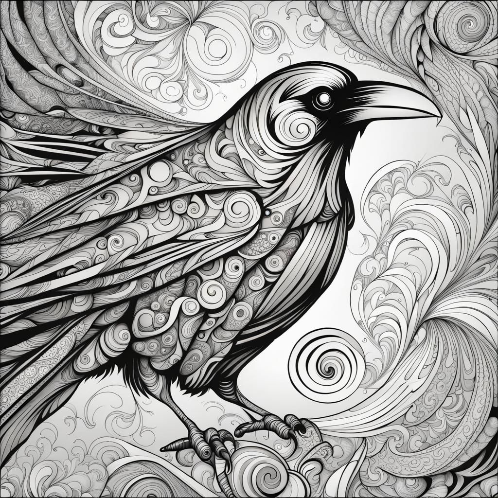 Detailed Line Art Raven with Zentangle Patterns