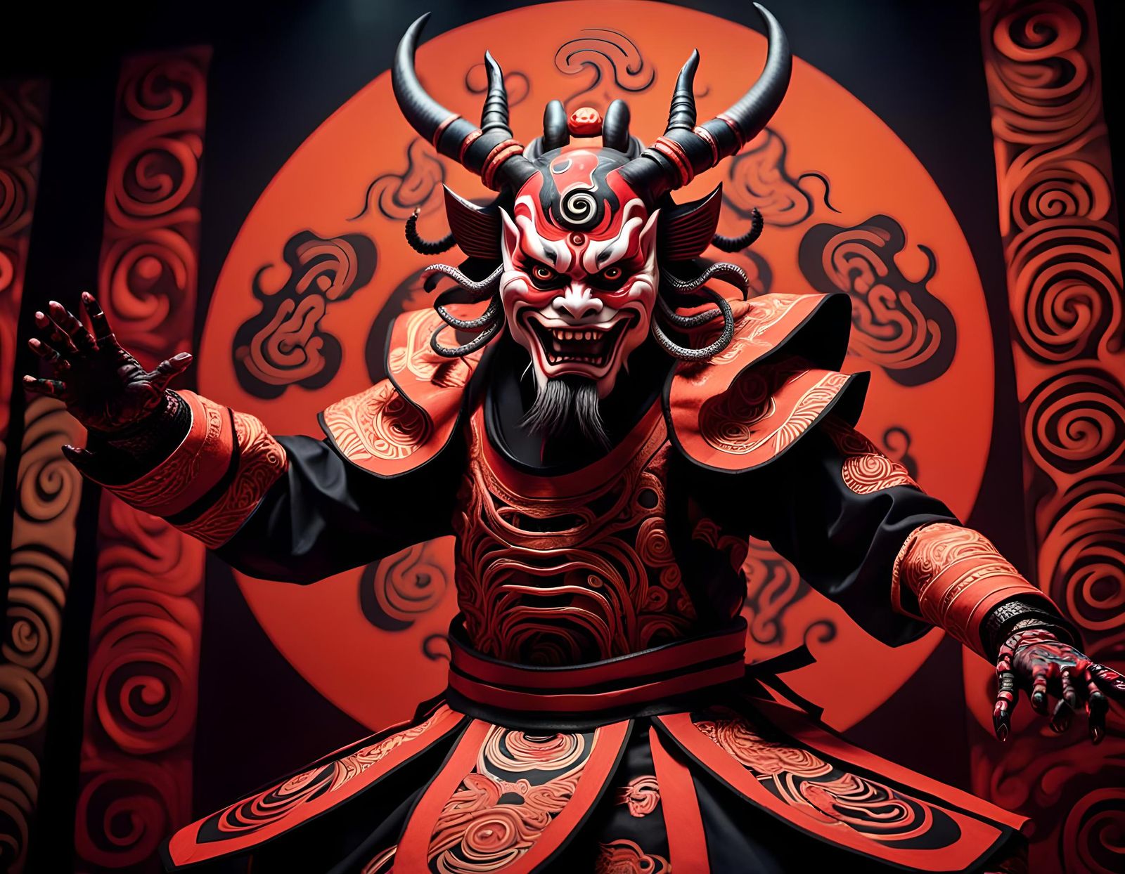 Kabuki Oni Dances: Surreal Realism in Fiery Colors