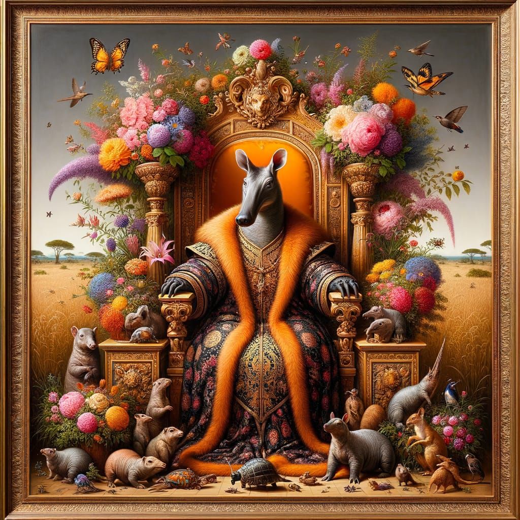 Aardvark King on Savanna Throne, Renaissance Oil Painting