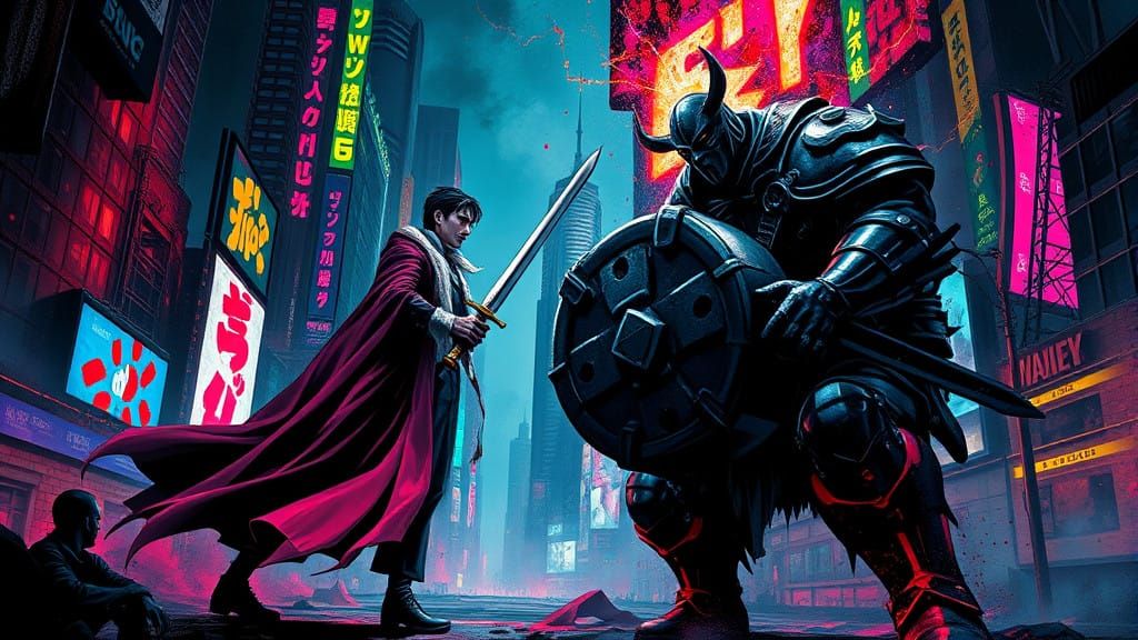 Epic Showdown in Neon-Lit Cityscape, Cyberpunk Style