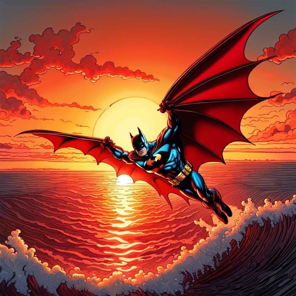Red Batman Gliding into Sunset: Hyperrealistic Comic Art