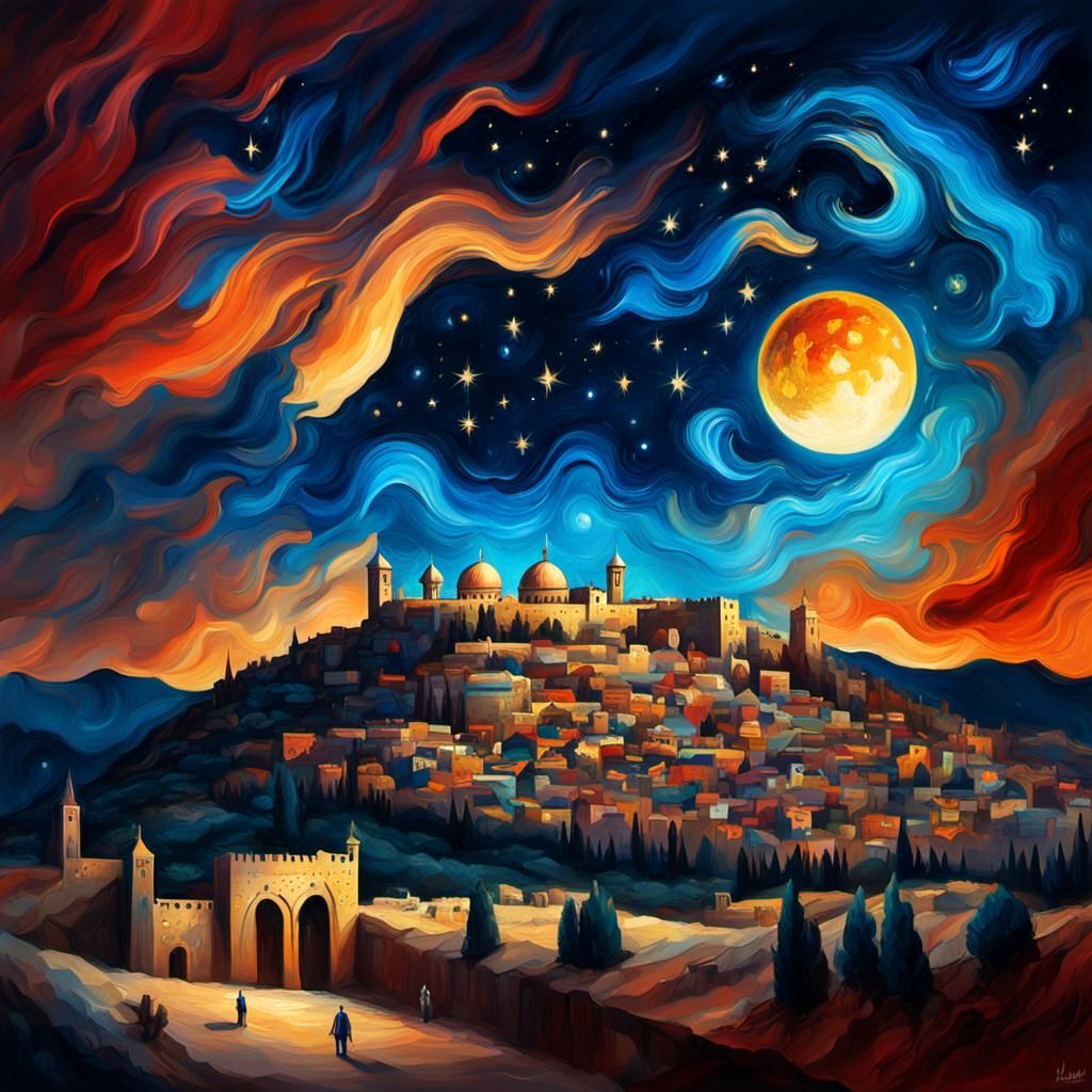 Jerusalem Under Starry Sky: Abstract Oil Sketch
