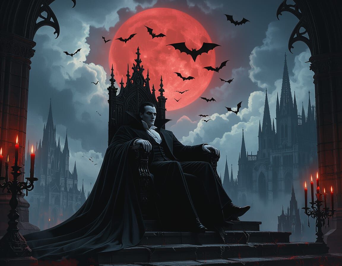 Dracula's Shadowed Throne Room in Gothic Horror Style