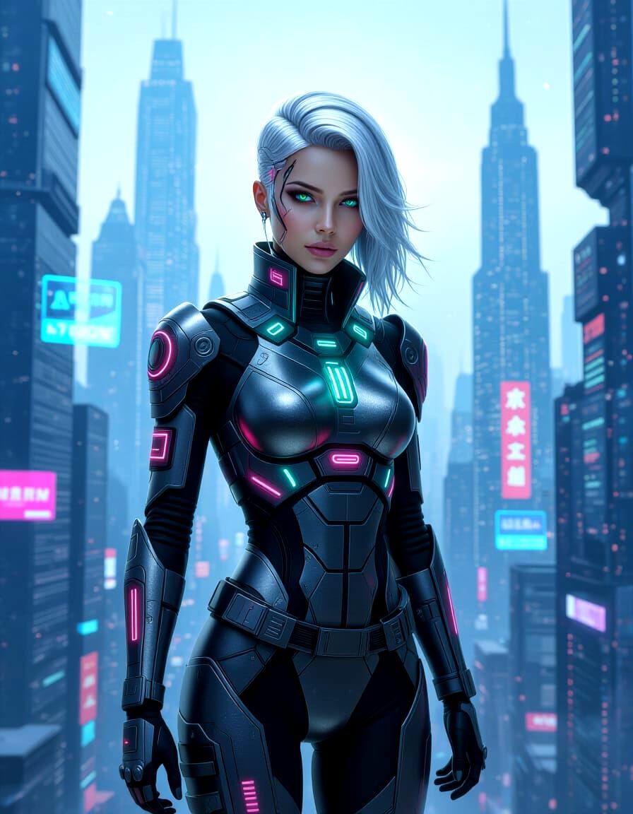 Cyberpunk Woman in Futuristic Cityscape