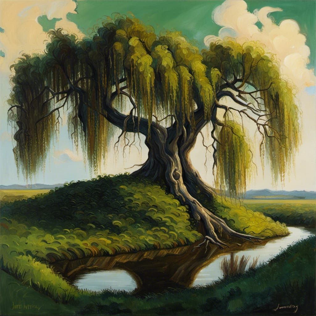 Willow Tree Oil Painting with Long Green Leaves