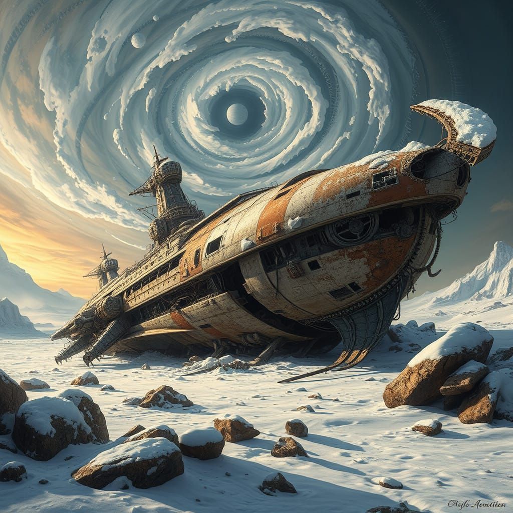 Majestic Baroque Spaceship Buried in a Frozen Post-Apocalypt...