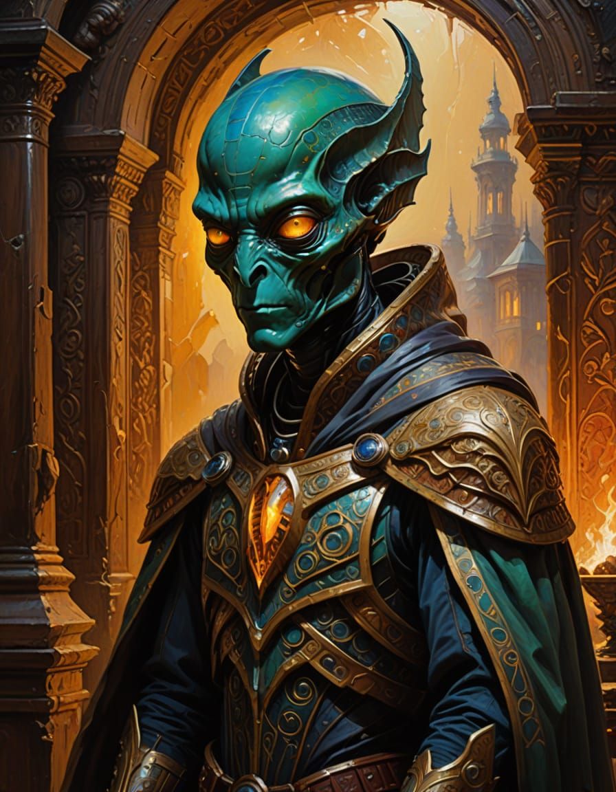Regal Alien Amidst Ancient Wonders in Praeraphaelite Oil Pai...