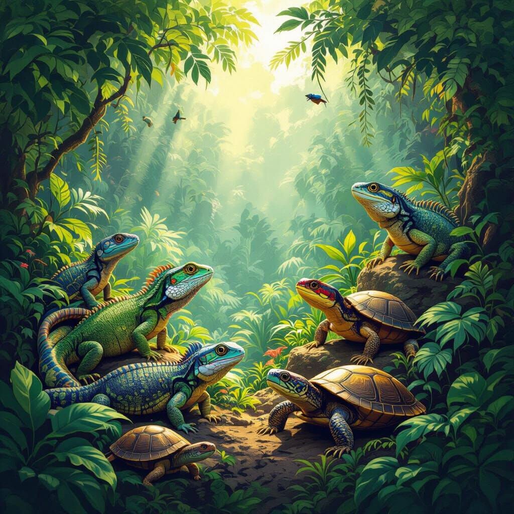 Diverse Reptiles in Lush Jungle Illustration