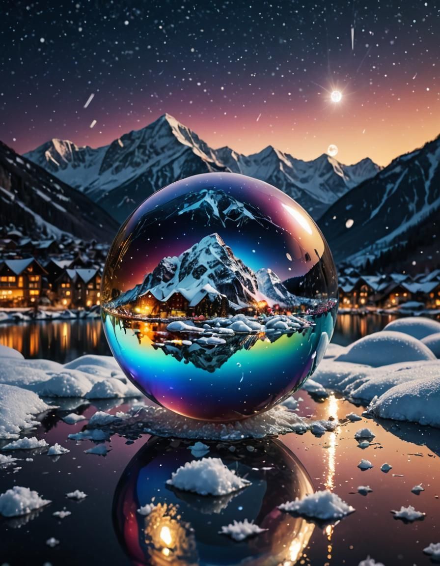 Reflective Pearl: Snow Mountains and Multicolor Night