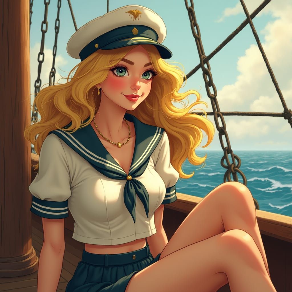 Carefree Blonde Sailor on Deck in Art Nouveau Style