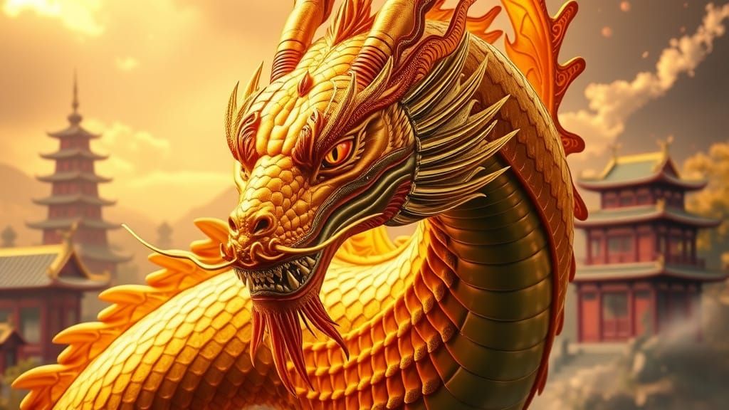 Hyperrealistic Chinese Dragon with Liquid Metallic Gold Scal...