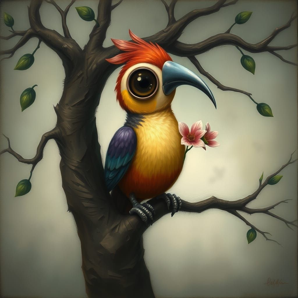 Whimsical Bird in Tree: Surreal Colorful Painting
