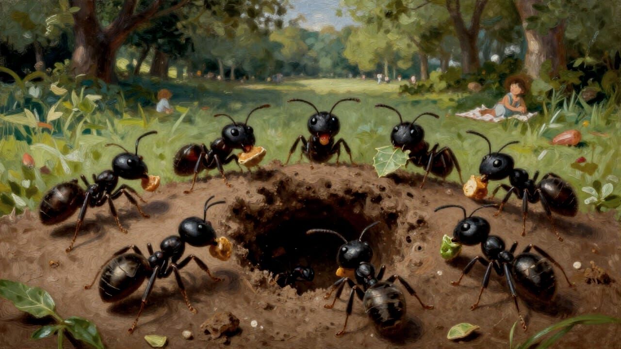 Hyperrealistic Ants Carry Food in Park Picnic Oil Painting