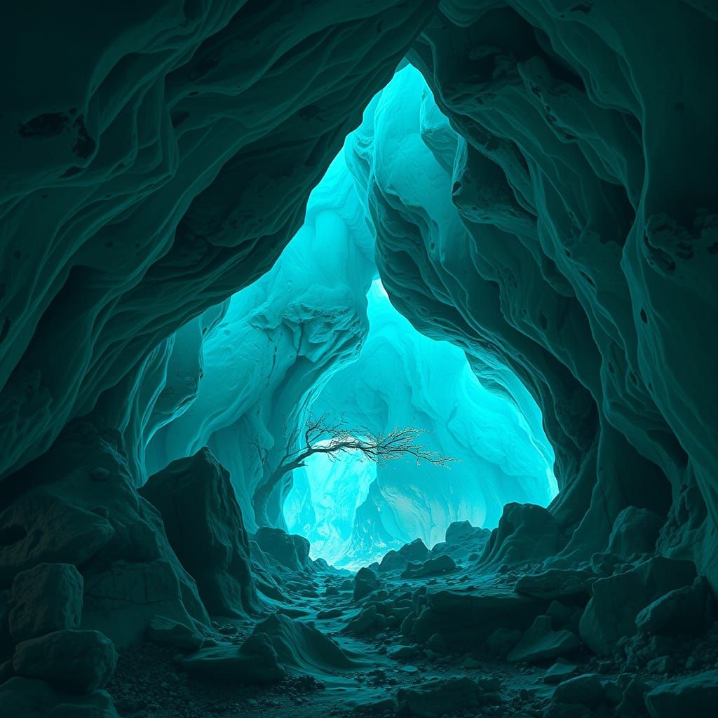 Ethereal Turquoise Mystery Cave with Dreamlike Glow