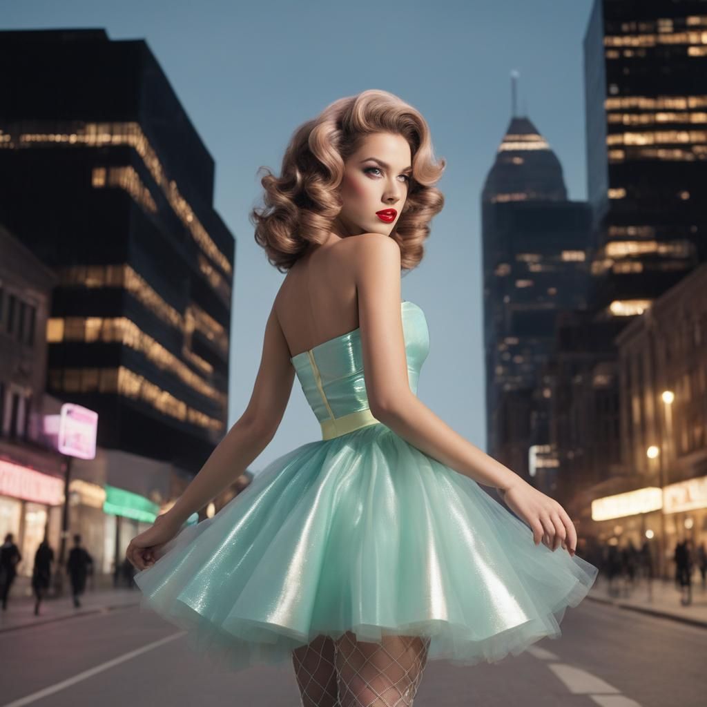 Woman in Shiny Pastel Party Dress, 1950s Style