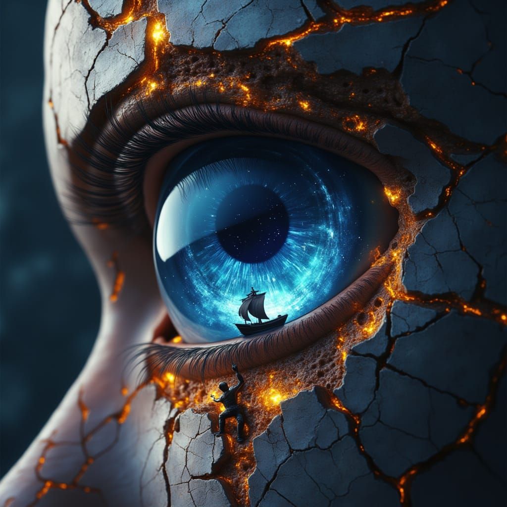 Fantasy Eye with Glowing Blue Fire and Stars