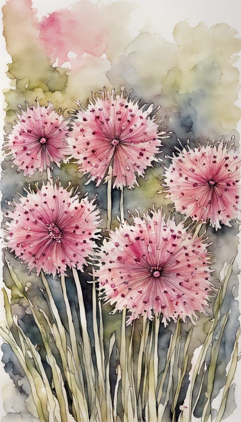 Vibrant Pink Onion Blossoms in Watercolour Ink