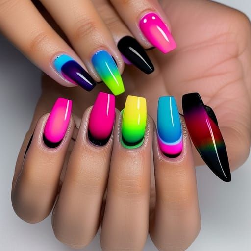 Rainbow and Black Pointy Nail Art Design