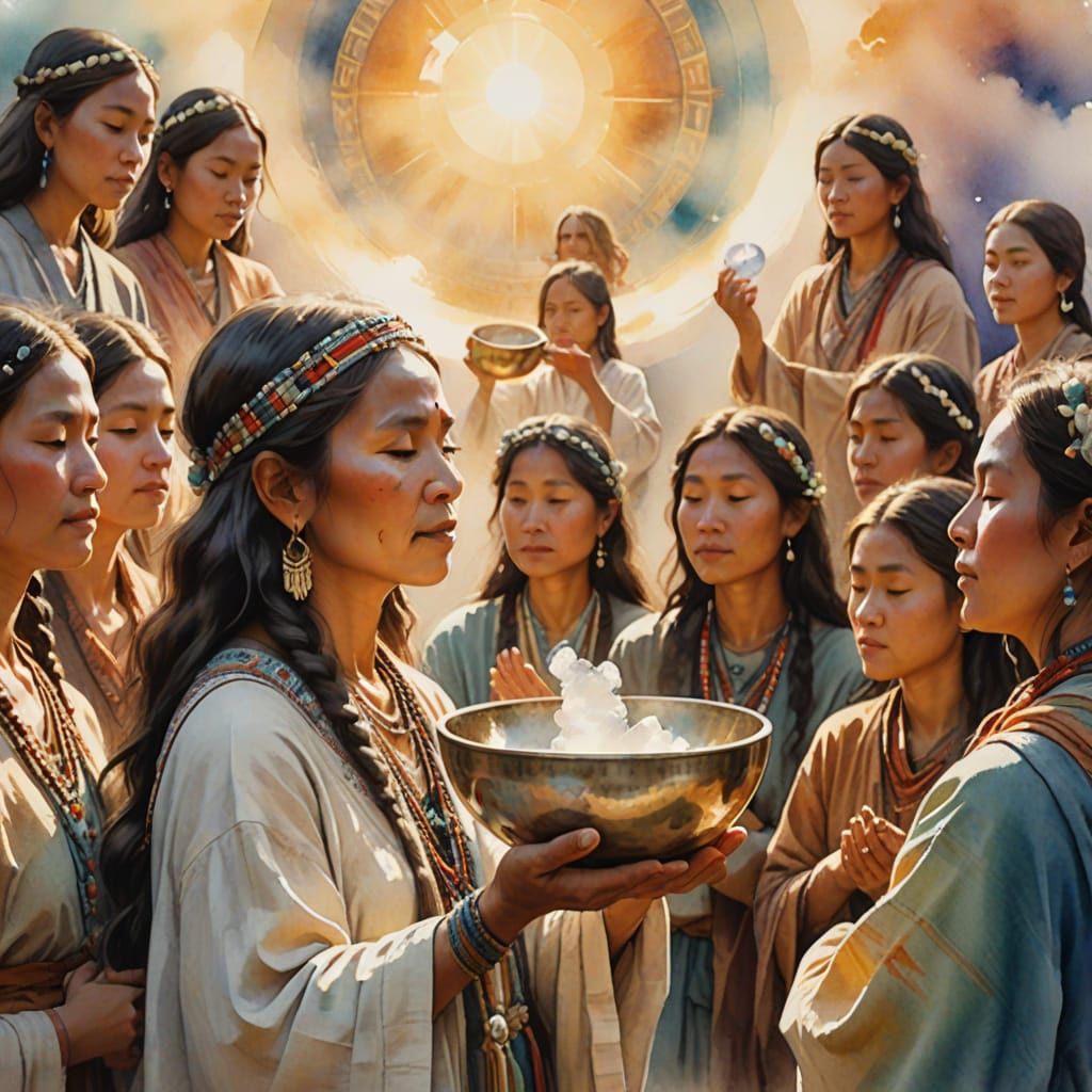 Ethereal Watercolor Shaman Plays Crystal Singing Bowl