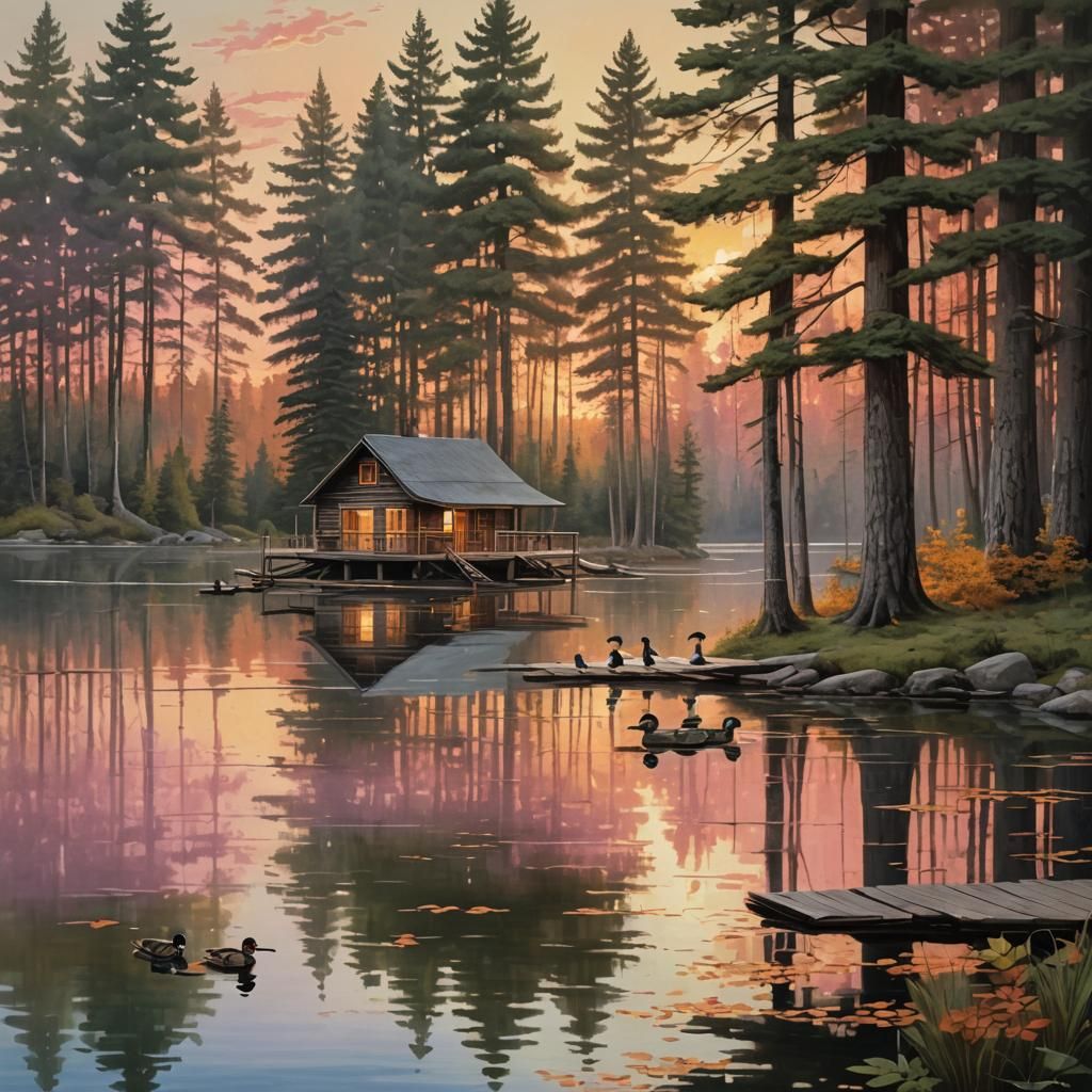 Serene Lakeside Cabin at Sunset: Detailed Matte Painting