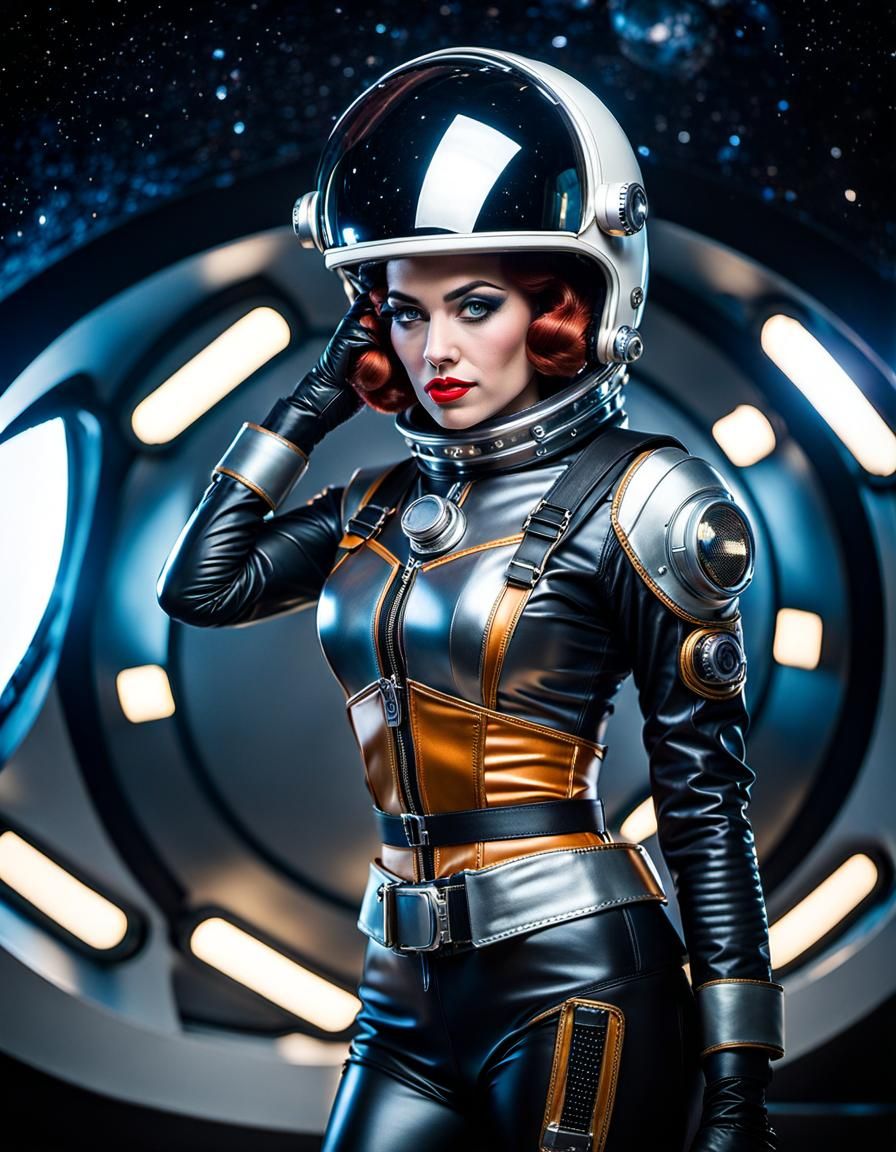 Retro Sci-Fi Pin-Up in Space, Art Deco Style