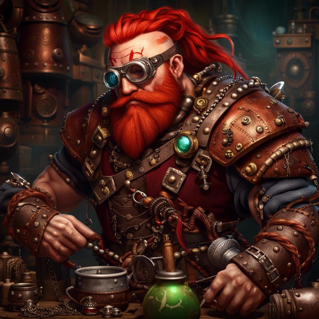 Steampunk Dwarf Artificer in Detailed Matte Painting