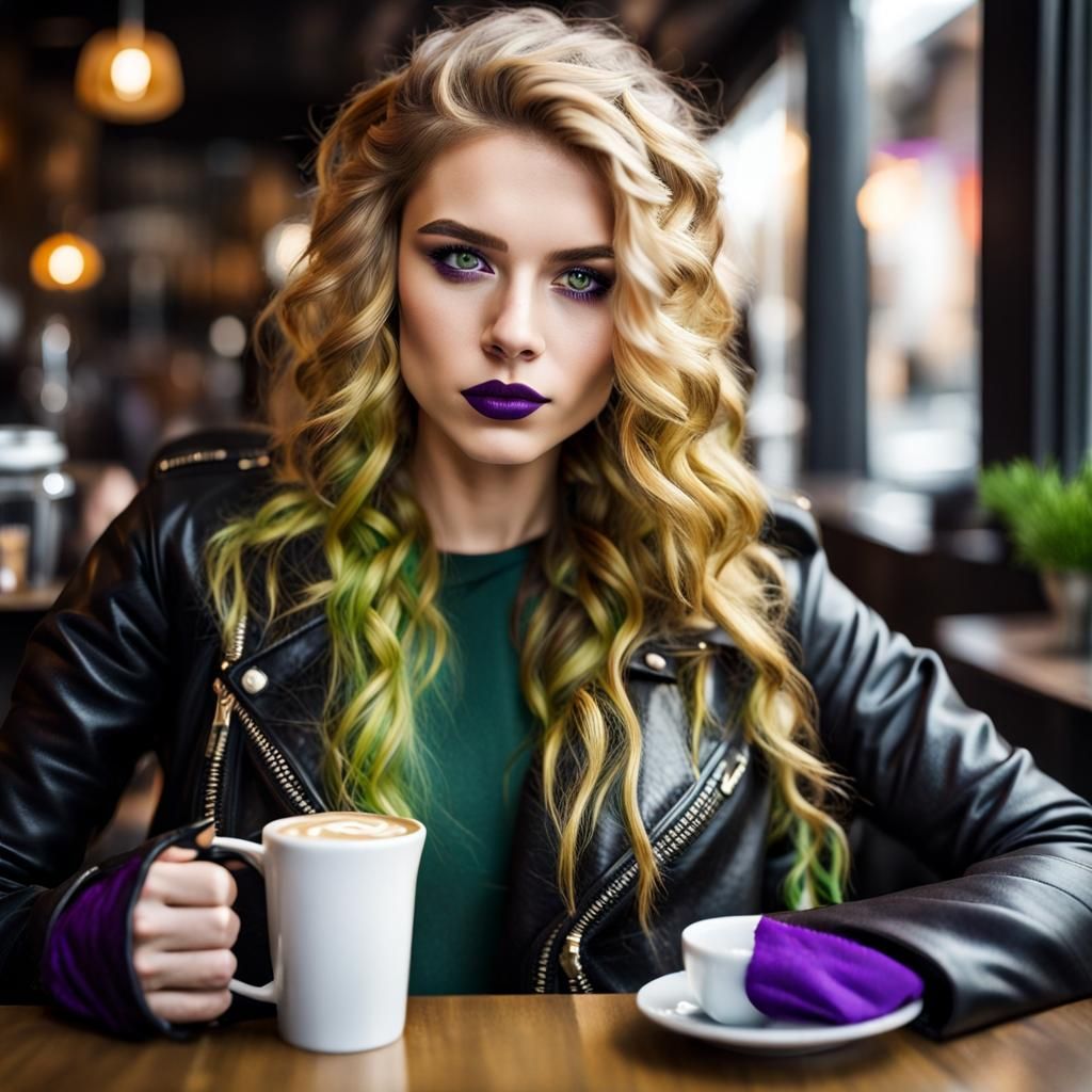 Viking Woman with Purple Hair Drinking Coffee