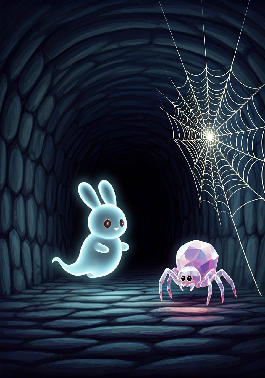 Whimsical Bunny Ghost Meets Chibi Spider in a Mystical Tunne...