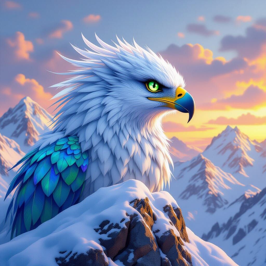Griffin on Snow-Capped Peak in Hyperrealistic Style