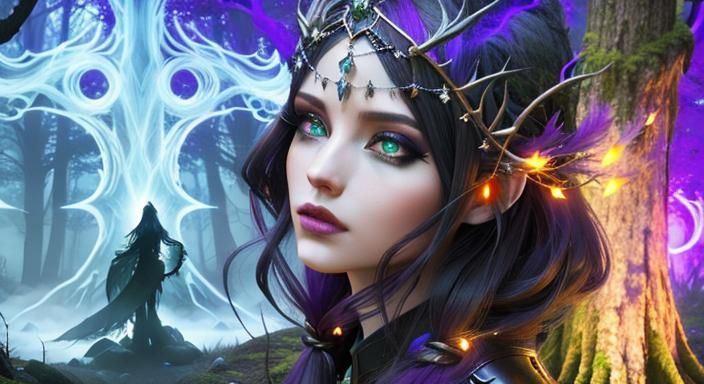 Powerful Sorceress in Mystical Forest, Dark Fantasy Art