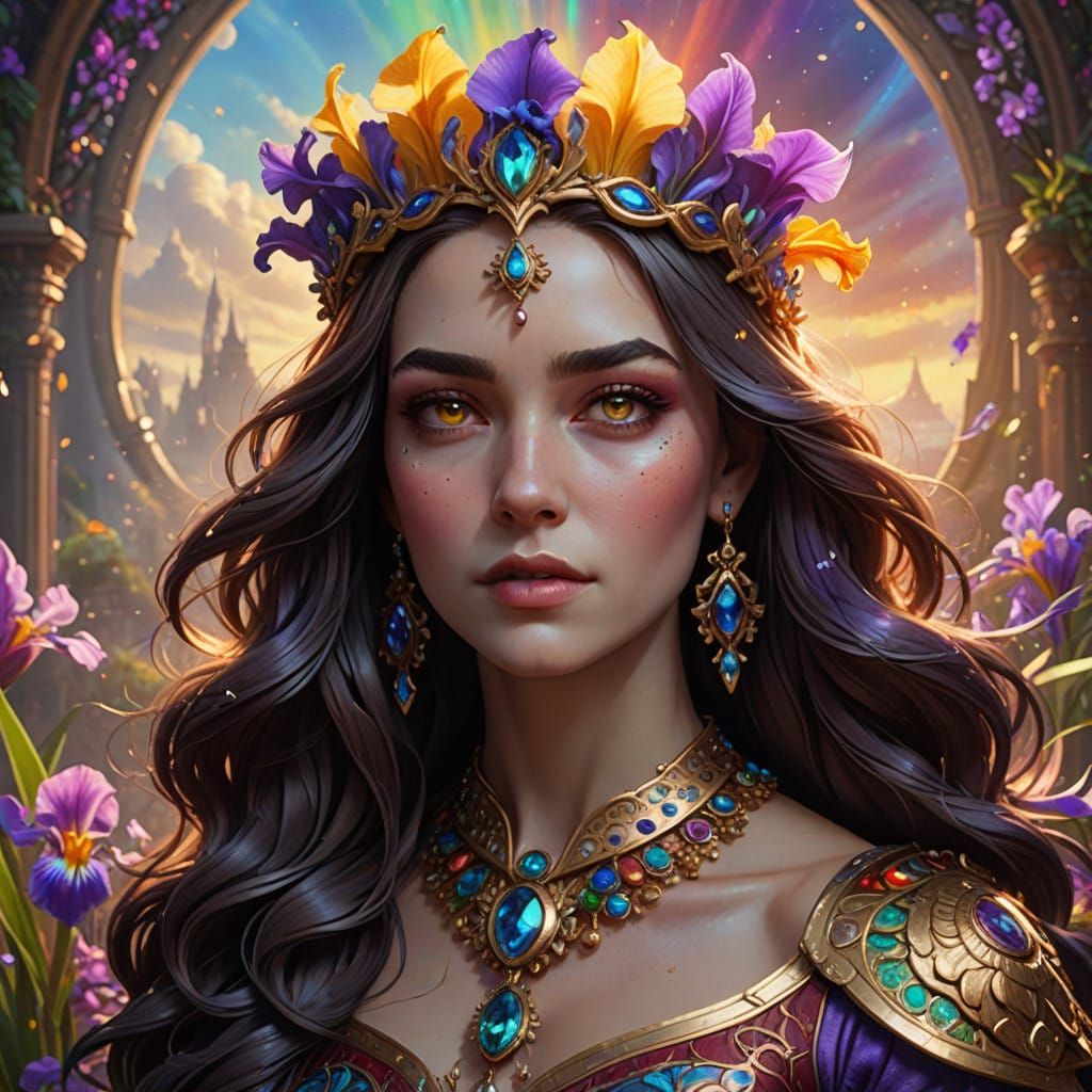 A stunning, close portrait of Iris, the beautiful and young Goddess of Rainbow.