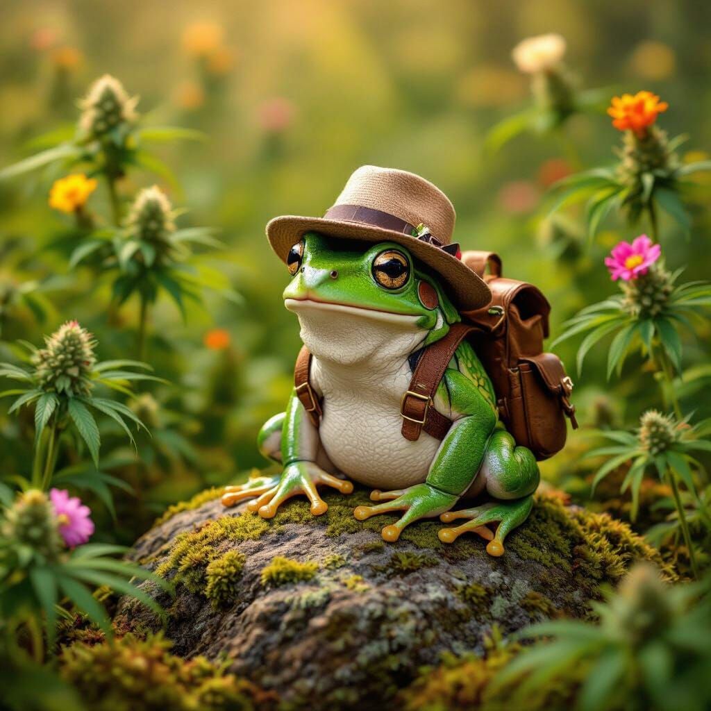 Frog in Meadow with Cannabis, Art Nouveau Style