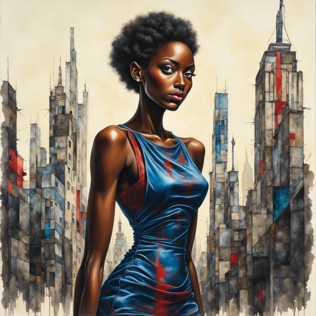 Surreal Portrait of Confident Woman in Glitched Cityscape