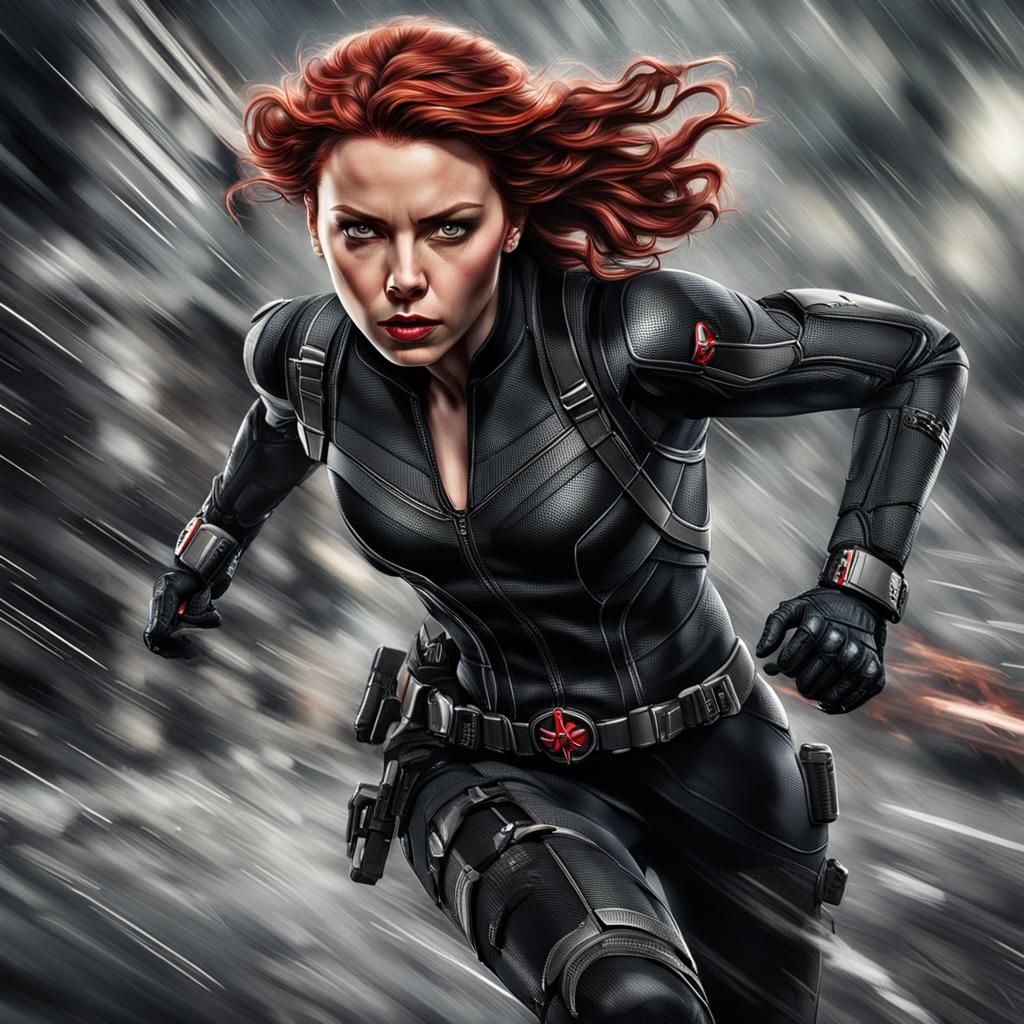 Hyperrealistic Black Widow Running in Cinematic Style