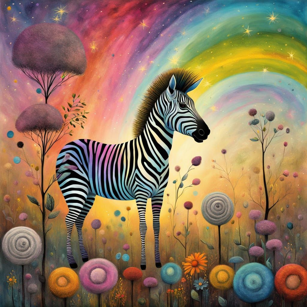 Cosmic Rainbow Zebra in a Whimsical Garden