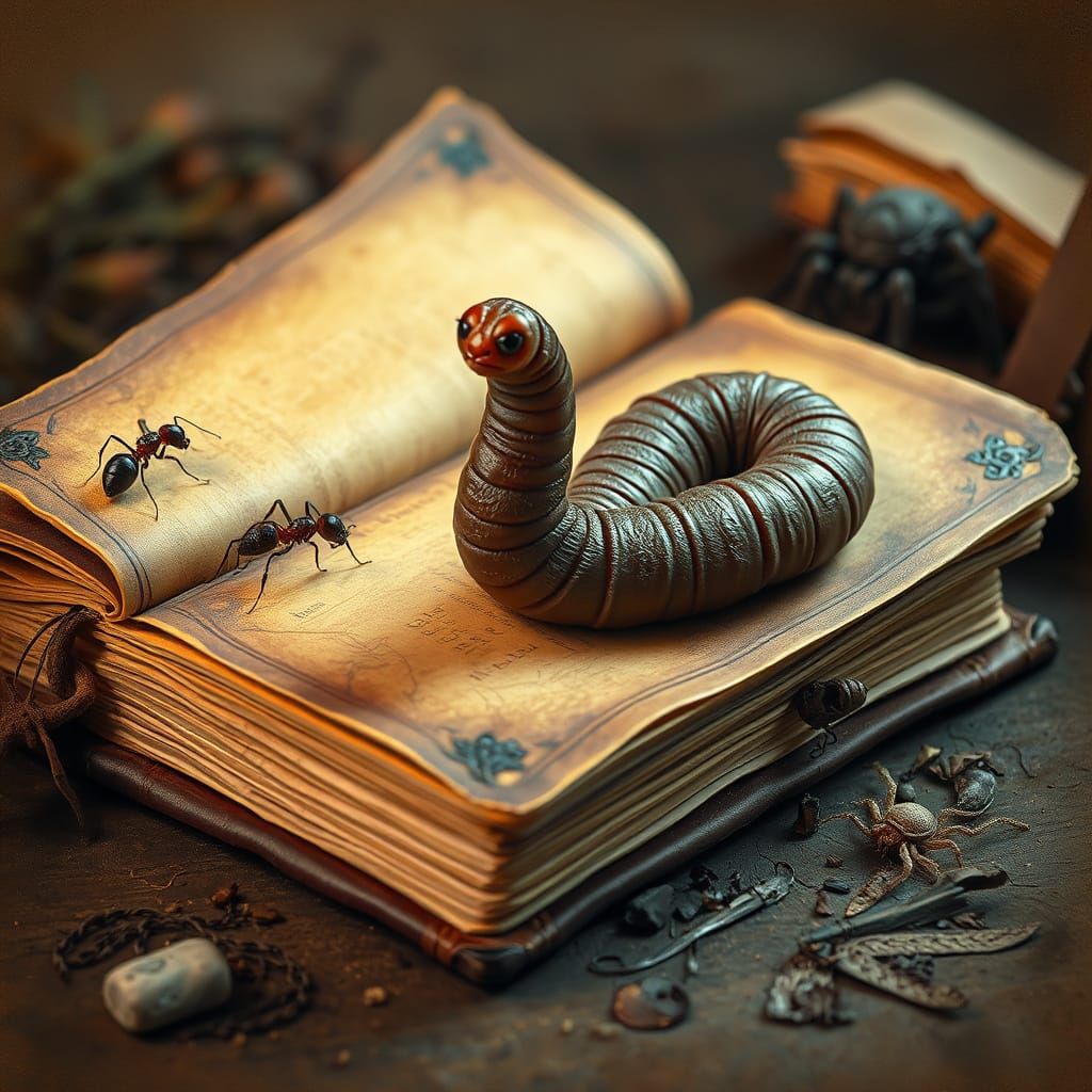 Whimsical Worm Surrounded by Vintage Book and Insect Friends