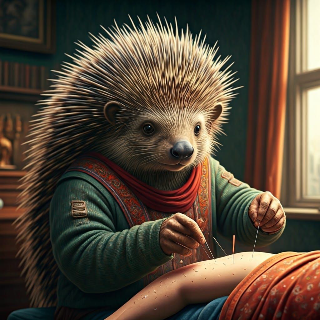 Porcupine Acupuncturist in Hyperrealistic Photograph
