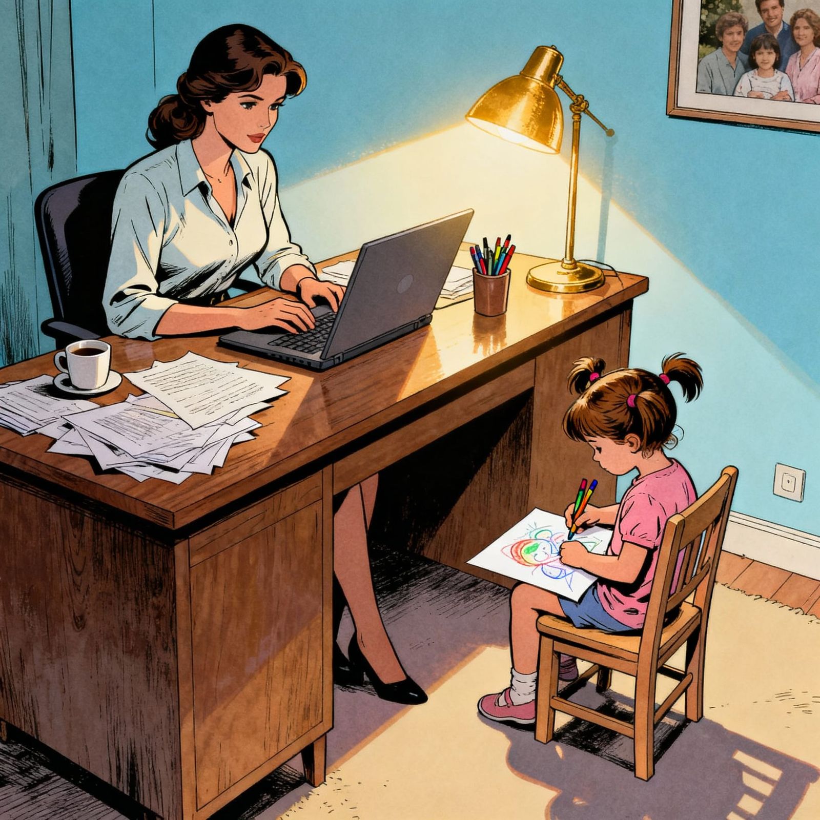 Secretary and Daughter at Desk in Comic Style