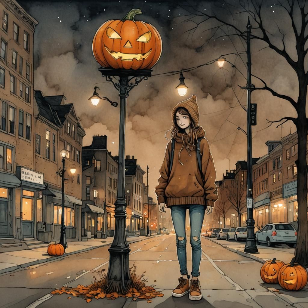 Girl with Pumpkin Head in Pen and Ink Style