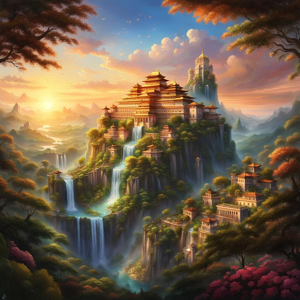 Majestic Palace on Mountain Peak in Hyperrealistic Style