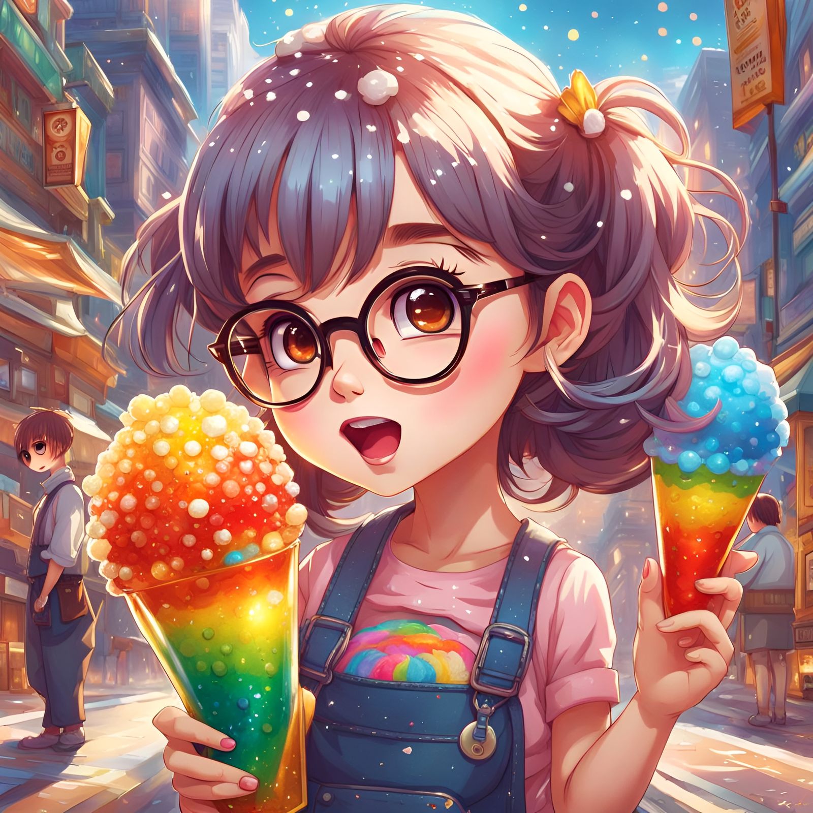 Chibi Anime Girl with Snow Cone in Colorful Digital Art